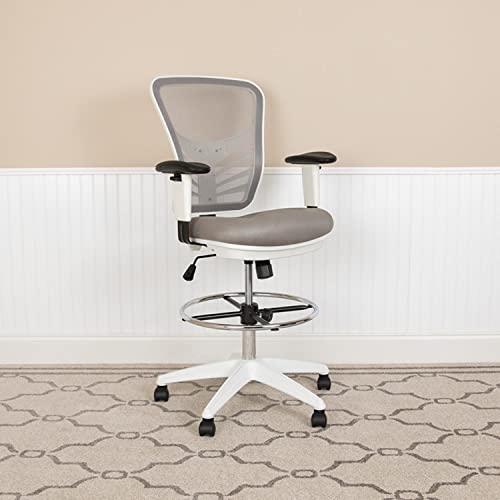 Flash Furniture Tyler Mid-Back Light Gray Mesh Ergonomic Drafting Chair with Adjustable Chrome Foot Ring, Adjustable Arms and White Frame - color: Light Gray Mesh/White Frame