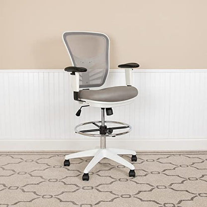 Flash Furniture Tyler Mid-Back Light Gray Mesh Ergonomic Drafting Chair with Adjustable Chrome Foot Ring, Adjustable Arms and White Frame - color: Light Gray Mesh/White Frame