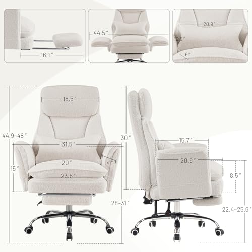 Criss Cross Office Chair with Armrests & Wheels, Big and Tall Office Chair with Footrest, Flip Armrests for Pets, Wide Seat Cross Legged Desk Chair, Ergonomic Computer Chair, Teddy, White - color: White