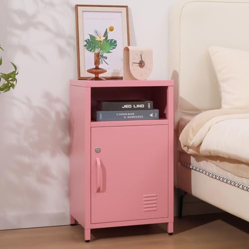 ALBAD Metal Nightstand with Lockable Cabinet | Industrial Bedside Table with Open Shelf, Small Storage Locker Side Table for Bedroom, Living Room, Dorm and Office, Pink - color: Pink, size: 26"H-Lockable Door