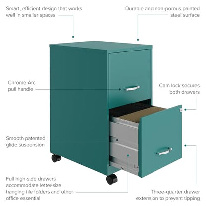 Hirsh Industries Space Solutions 2 Drawer Metal Mobile File Cabinet with Lock, Letter Size, Teal, Fully Assembled