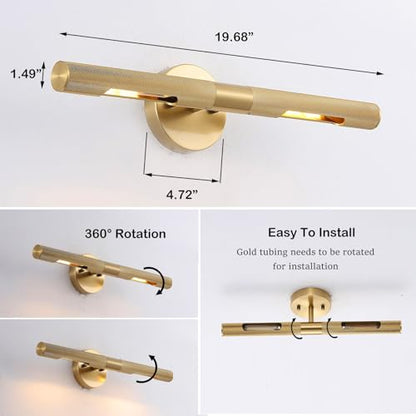 Brushed Brass Picture Light 19 inches Modern Gold Wall Sconce with Knurled Texture Cylinder Metal Shades Rotatable 360°Indoor Wall Lighting Fixture Bathroom Vanity Light Bedroom Living Room - color: 19 inches Gold-Knurled Texture Shades