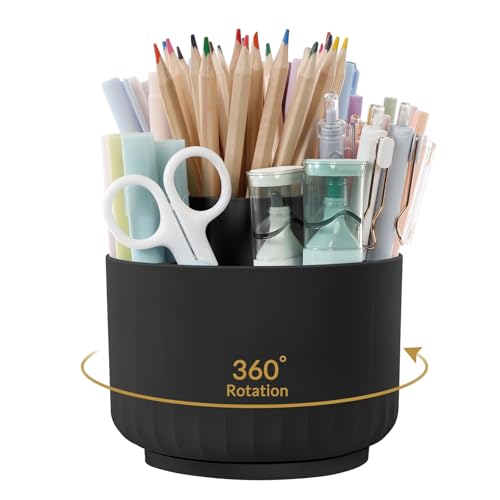 SKYDUE 360 Degree Rotating Pencil Pen Holder for Desk, Dual-Purpose Desk Organizer, Rotating Pencil Cup with 5 Slots, Office Supplies, Desk Decor for Office, School, Home - color: Black