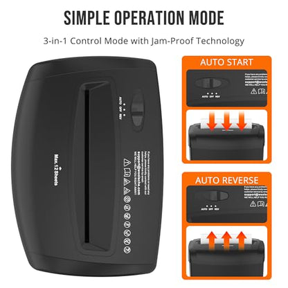Suntiko 12 Sheet Home Office Cross Cut Shredder Black | P-4 Security Level, Jam-Proof System, 6.6Gal Bin, Shredder for Paper/Credit/Card/Mail，ETL Certified
