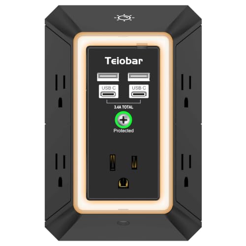 3-Sided Outlet Extender with Night Light - Teiobar Multi Plug Outlet with 5 AC Outlets and 4 USB Ports(2 USB-C), USB Wall Charger for Home, Office, Travel, ETL, Black - color: Black, size: 5-Outlets/Night Light