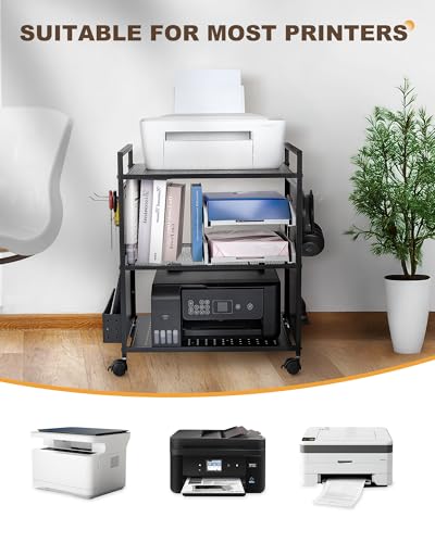 Mythinglogic 3-Tier Rolling Printer Stand with Pegboard and File Holder | Metal cart with adjustable shelves and locking wheels for printers, scanners, paper, craft tools and classroom supplies - color: Black