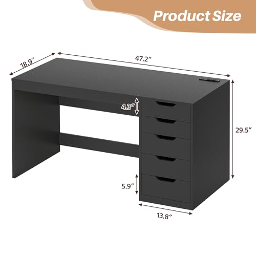 47 Inch Small Computer Desk with 5 Drawers and Outlets for Home Office - color: Black, size: 47inch-5drawers