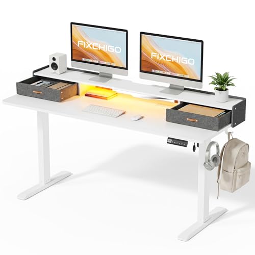Electric Standing Desk with Drawers, 63 Inch Height Adjustable Desk with Power Outlets & LED Lights, Sit Stand Table with Monitor Stand for Home, Office, White - color: White, size: 63×24 Inch Rectangular with Drawers