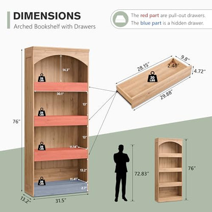 IFGET 76" Tall Arched Bookcase with 1PC Magnetic Lock Drawer, Natural | Modern Wooden Arch Bookshelf w/3 Pull-Out Drawers, Farmhouse 4 Tiers Book Shelf w/Open Shelves for Living Room, Office - color: Natural, size: With Drawers