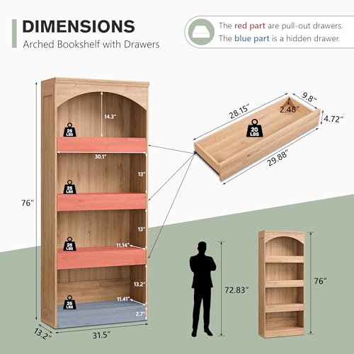 IFGET 76" Tall Arched Bookcase with 1PC Magnetic Lock Drawer, Natural | Modern Wooden Arch Bookshelf w/3 Pull-Out Drawers, Farmhouse 4 Tiers Book Shelf w/Open Shelves for Living Room, Office - color: Natural, size: With Drawers