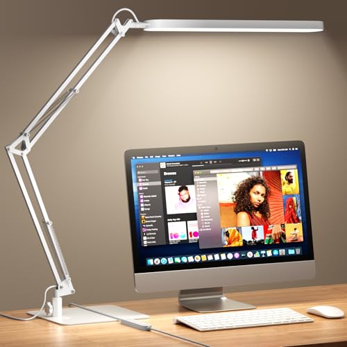 SKYLEO LED Desk Lamp with Slim Base - Adjustable Swing Arm Desk Light, Dimmable, Timer, Eye Protection, Memory Function, 1300LM, 12W, White - style: White swing arm with Base