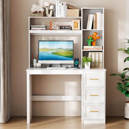 40” Home Office Desk with Hutch and Drawers, White | Modern Computer Desk with Adjustable LED Light and Charging Station, Storage Shelves, Writing Table for Bedroom Study Room - color: White-1