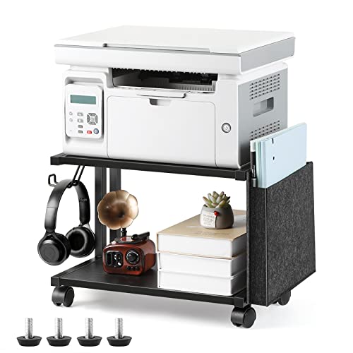 BTY Under Desk Printer Stand Small Printer Table with Storage 2 Tier Printer Cart with Wheels Desktop Printer Stands for Office Home Scanner Printer (Black) - color: Black