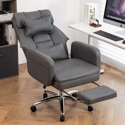 Swivel Ergonomic Office Chair with Footrest, High Back Executive Chair with Lumbar Support and Headrest, 155° Reclining Leather Desk Chair with Thick Cushion for Manager Office (Dark Grey)