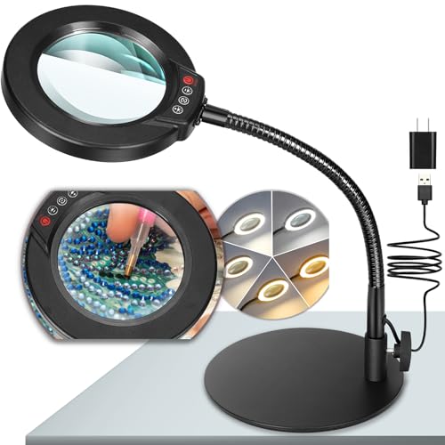 10X Magnifying Glass with Light and Stand, 5 Color Modes Stepless Dimmable LED Lighted Desk Lamp, Hands Free Magnifier with Flexible Goose-Neck for Craft Hobby Painting Sewing Close Work - color: Black, size: 10X-12.6in
