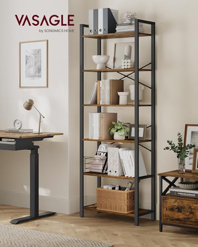VASAGLE 6-Tier Bookshelf, Bookcase with Steel Frame, Book Shelf for Living Room, Home Office, Study, 11.8 x 26 x 73.2 Inches, Industrial Style, Rustic Brown and Ink Black ULLS062B01 - color: Rustic Brown + Ink Black, size: 6 Tiers (11.8"D x 26"W), style: