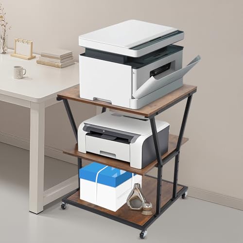 3-Tier Printer Stand for Home/Office, Mobile Rolling Cart with Storage Shelf & Wheels, Industrial Style Printer Table for Heat Press, Scanner, Fax Machine (Black)