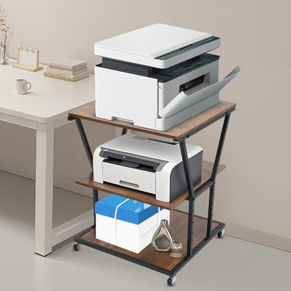 3-Tier Printer Stand for Home/Office, Mobile Rolling Cart with Storage Shelf & Wheels, Industrial Style Printer Table for Heat Press, Scanner, Fax Machine (Black)