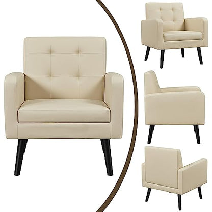 Yaheetech Mid Century Accent Chairs Set of 2 Living Room Chairs Retro Beige | Faux Leather Upholstered Sillones Para Sala, Modern Reading Nook Chairs, Button Tufted Back, Rubberwood Legs, Bedroom Office - color: Beige, size: set of 2