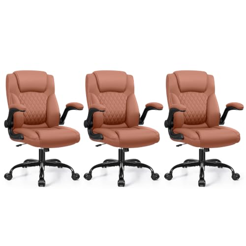 Leather Office Chair, PU Home Computer Desk Chairs with Ergonomic Back Support, 360°Swivel Free，Small Gaming Chair with Wheels and Adjustable Armrests, for Short People Use - color: Brown, size: 3 Pack