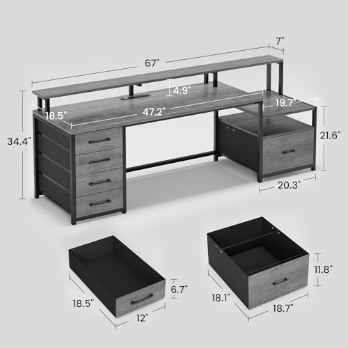 SEDETA 66'' Computer Desk with 5 Drawer, Power Outlet for Home Office - color: Grey, size: 67X18.5inch