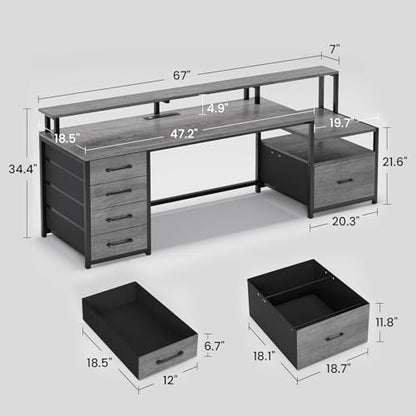 SEDETA 66'' Computer Desk with 5 Drawer, Power Outlet for Home Office - color: Grey, size: 67X18.5inch
