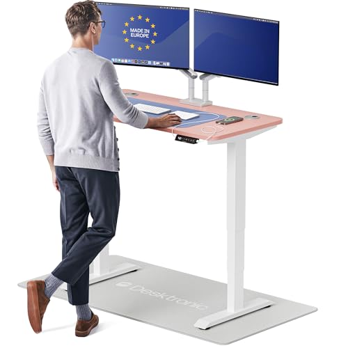 Desktronic HomePro Standing Desk 48x24 — Made in Europe, Ergonomic Sit Stand Home Office Desk, Electric Height Adjustable, Dual Motor, USB & USB-C Charging, Wobble-Free, Touchscreen, 3 Memory Presets - color: White + Pink, size: 48 x 24 in