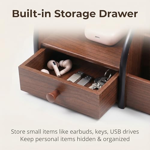 Wooden Desk Organizer with Drawer, Multi-Compartment Desktop Storage for Office Supplies, Remote Control, Phone, Makeup & Accessories