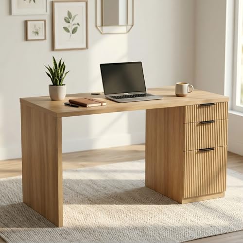 FURSUN 58" Home Office Desk with Power Outlet & File Cabinet, Modern Fluted Executive Desk with 3 Storage Drawers, Large Computer Workstation for Study & Bedroom, Natural Oak - color: Natural Oak, size: Single-Sided Drawers