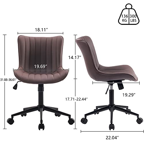 YOUNIKE Office Desk Chair with Wheels Armless Vanity Chair Modern Brown | Faux Leather Upholstered with Rocking Back, Swivel Height Adjustable Small Cute Computer Rolling Task Chair Ergonomic 300lb - color: Brown, size: Base Black