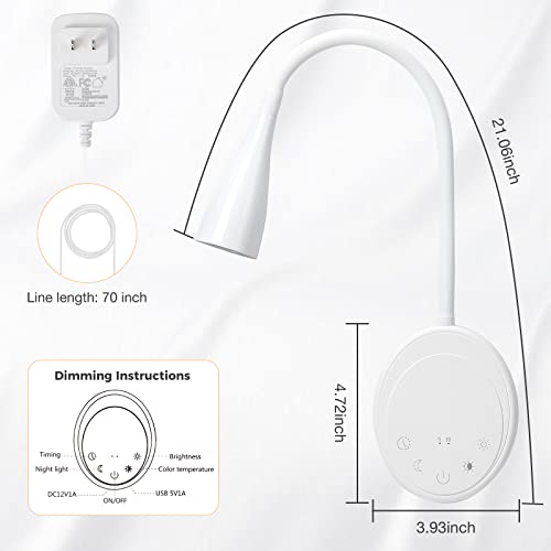 SANKEDOU LED Wall Mount Reading Light, Bedside Reading Lights with Touch Control, 5 Dimmable, USB Output, Night Light & Timers, Flexible Gooseneck Headboard Bed Lights wall Sconce (White-2P) - color: White-2P