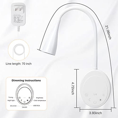 SANKEDOU LED Wall Mount Reading Light, Bedside Reading Lights with Touch Control, 5 Dimmable, USB Output, Night Light & Timers, Flexible Gooseneck Headboard Bed Lights wall Sconce (White-2P) - color: White-2P
