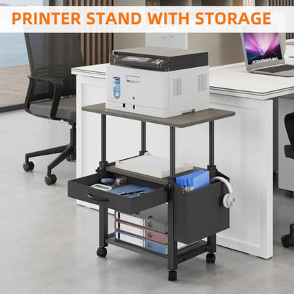 YAOHUOO 22"x15" Large Printer Stand with Drawer, 3-Tier Rolling Table Cart - color: Gray, size: 3-Tier