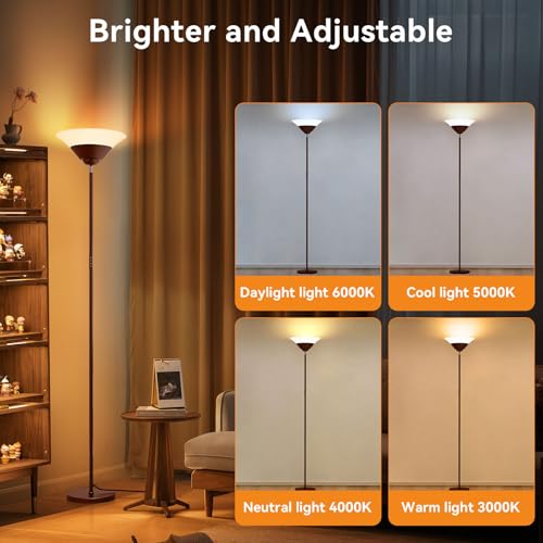 SIBRILLE Torchiere Floor Lamp, 72 Inch 30W LED Standing Lamp, 1800LM, Stepless Dimmable, 3000K-6500K, Remote and Button Control, Modern Pole Light for Living Room Bedroom Office, Brown - color: Brown