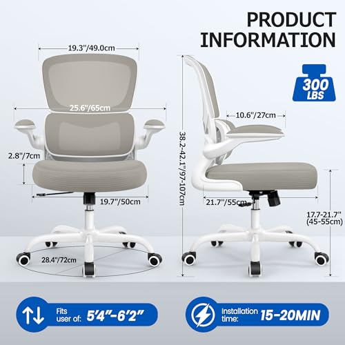 ALLGOD Office Chair Ergonomic Desk Chair, Breathable Mesh Desk Chair Comfy with Lumbar Support, Flip-up Armrests, Computer Chairs Comfortable for Home, Office, Work, Standard, 300Lbs - color: Lightgray(standard), size: 1 Pack
