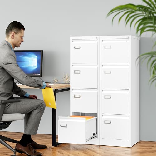 SISESOL 4 Drawer File Cabinet with Lock and Tag,White Vertical File Cabinet,Narrow Locking Filing Cabinets with Drawers,Metal Filing Storage for Home Office Fit A4 Legal/Letter Size - color: White, style: 4 Drawer