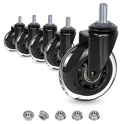 8T8 3 Inch Office Chair Caster Wheels Heavy Duty, Set of 5, 3/8"-16x1 (Not Metric M10), Threaded Stem Casters with Flange Nuts, Replacement PU Rubber Wheels, Safe for Hardwood Tile Floors… - style: Flange Nuts
