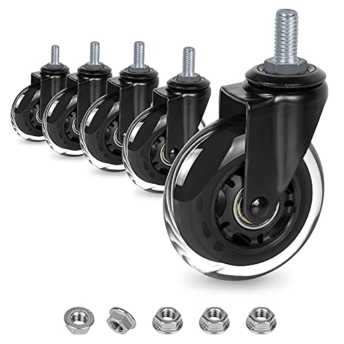 8T8 3 Inch Office Chair Caster Wheels Heavy Duty, Set of 5, 3/8"-16x1 (Not Metric M10), Threaded Stem Casters with Flange Nuts, Replacement PU Rubber Wheels, Safe for Hardwood Tile Floors… - style: Flange Nuts