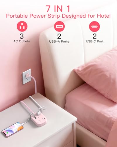 Cruise Essentials 2026,One Beat Travel Power Strip with USB C,Flat Plug 6ft - color: Pink, size: 6Ft