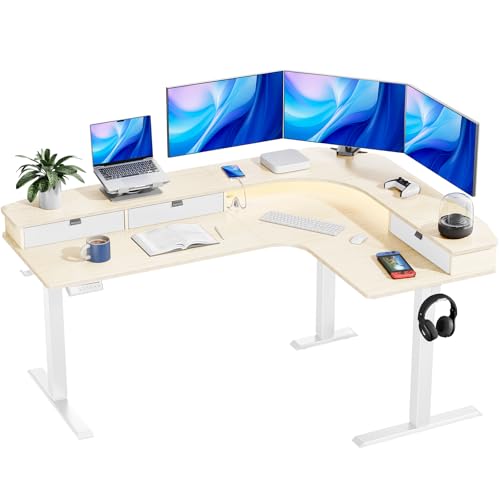 HUANUO 65″ L Shaped Standing Desk with 3 Drawers, Electric Height Adjustable Corner Computer Desk with Power Outlets & LED Strip, Sit Stand Up Desk for Home Office, Natural Wood - color: Natural Wood
