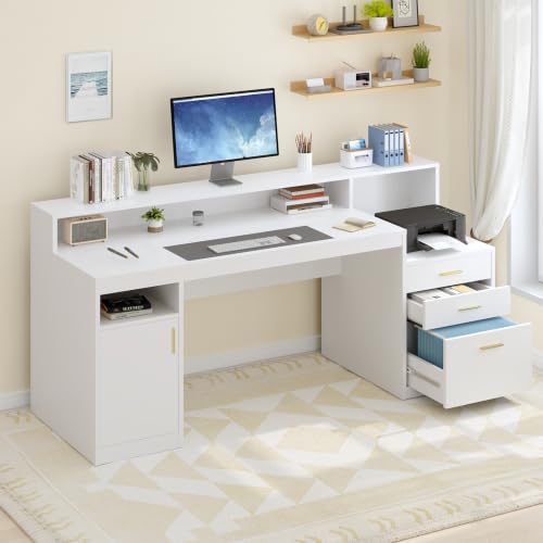 65" White Computer Desk with 3 Drawers & Printer Shelf for Home Office | White Desk with Printer Shelf & File Drawer, Executive Desk Writing Study Table with Monitor Stand, Storage Cabinet - color: White