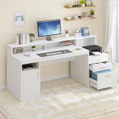 65" White Computer Desk with 3 Drawers & Printer Shelf for Home Office | White Desk with Printer Shelf & File Drawer, Executive Desk Writing Study Table with Monitor Stand, Storage Cabinet - color: White
