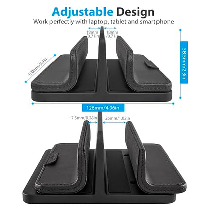 Dual Vertical Laptop Stand, 3 in 1 Upright Desktop Stand Holder with Adjustable Dock (Up to 17.3''), Leather Laptop Rack Storage Desk Organizer for Phone, Tablet, MacBook/HP/Dell/Chrome Book (Black) - color: Black