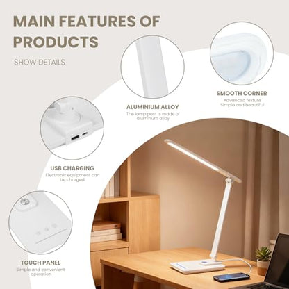 TECHNOVA LED Desk Lamp with 5 Color Temperatures | Sliding Stepless Dimming & One-Touch Timer | Foldable & Portable Design for Office/Study/Nail Art | Four-Axis Rotation for Small Desks