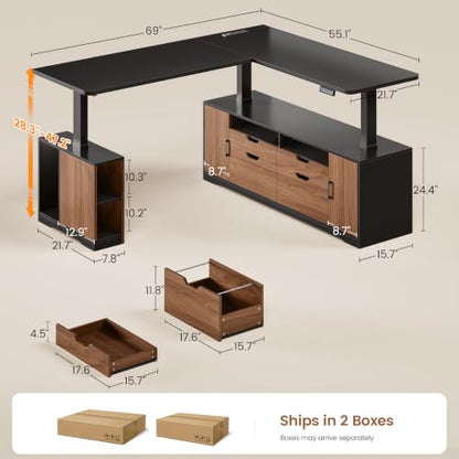 SEDETA Modern L Shaped Executive Electric Standing Desk with 4 Drawers | 69" x 55" Height Adjustable Office Desk with Storage Shelves, Power Outlet, Sit Stand Computer Desk, Black and Brown - color: Modern Black+ Brown