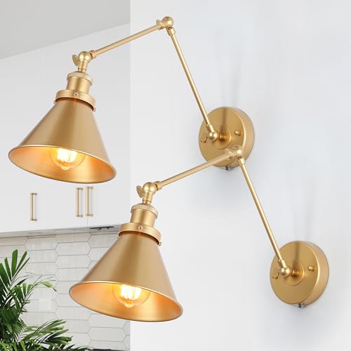 LALUZ Gold Wall Sconces Lighting 2 Pack, Modern Swing Arm Plug-in or Hardwired Adjustable Wall Lamp with Brass Finish for Bedroom, Kitchen, and Living Room - size: 12" W Gold