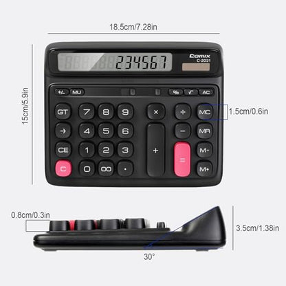 Comix Desk Calculator with 12 Digits Large LCD Display, Solar Battery Dual Power, Large Computer Keys Basic Calculator for Home Office School - color: Black