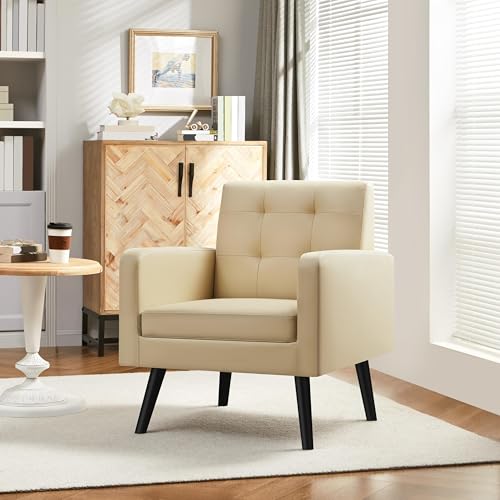 Yaheetech Mid Century Accent Chair Living Room Chair Retro Beige | Faux Leather Upholstered Sillones Para Sala, Modern Reading Nook Chair, Button Tufted Back, Rubberwood Legs, Bedroom Office - color: Beige, size: set of 1