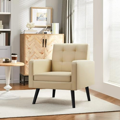 Yaheetech Mid Century Accent Chair Living Room Chair Retro Beige | Faux Leather Upholstered Sillones Para Sala, Modern Reading Nook Chair, Button Tufted Back, Rubberwood Legs, Bedroom Office - color: Beige, size: set of 1