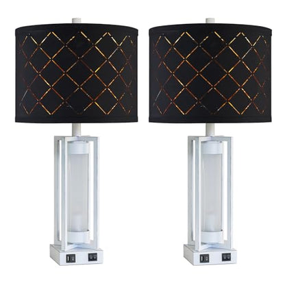 25" Set of 2 Farmhouse Table Lamps with USB C+A Ports | Rustic Retro Nightstand Lamps with White Night Light, Black Grid Shade, Desk Lamps for Bedroom Bedside, 4 Bulbs Included - color: White